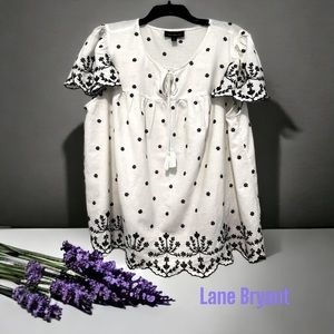 Lane Bryant Embroidered Peasant Blouse, White, Size 16P, 88% Cotton, 12% Linen
